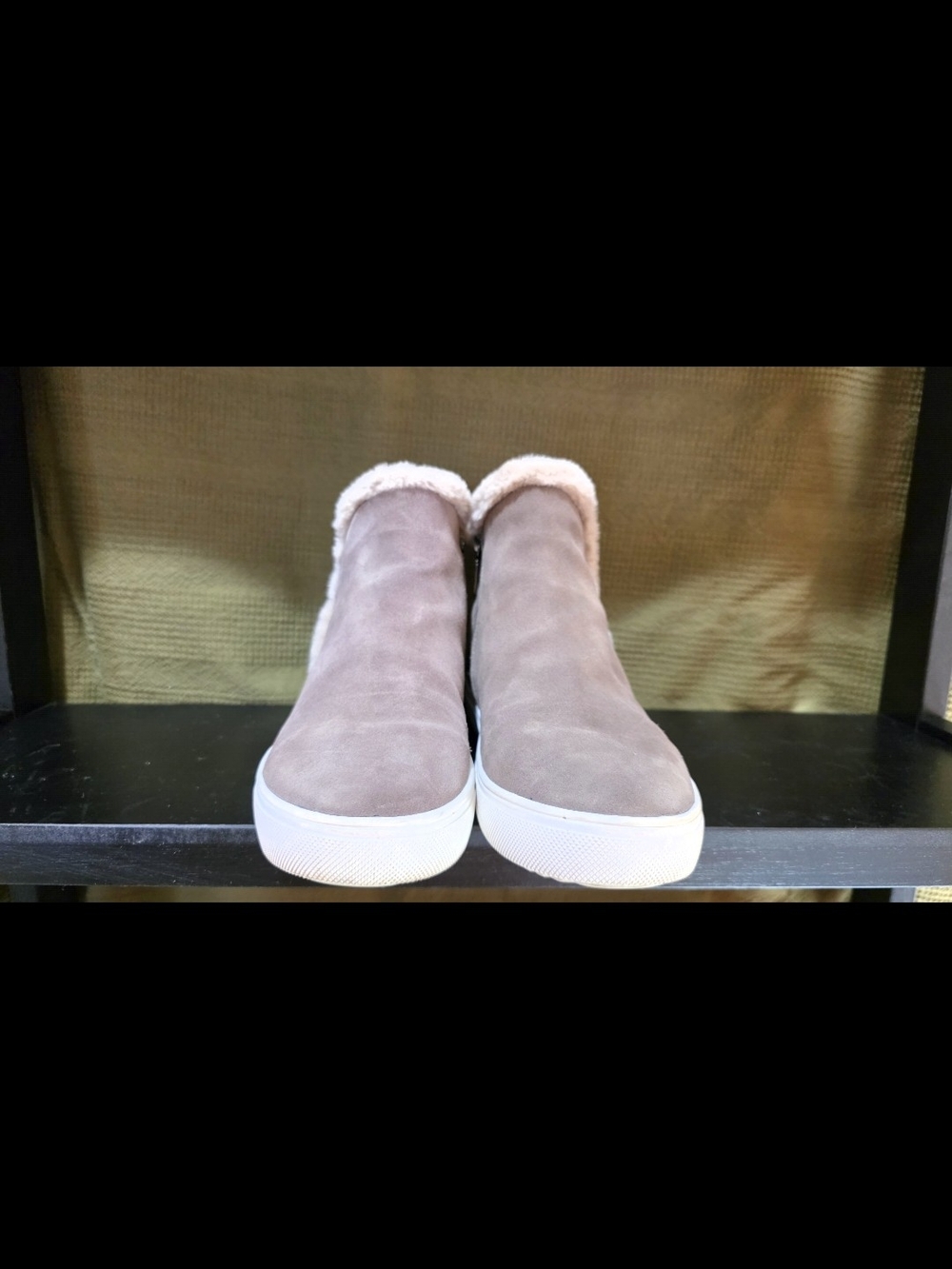 Blondo Taupe Suede Slip-On Ankle Booties with Faux Fur Trim